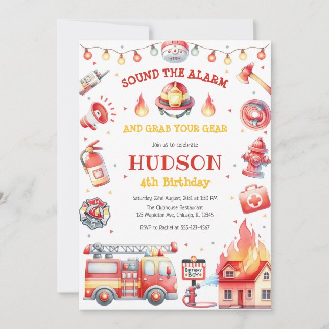 Convites Firetruck Firefighter Kids Birthday Invitation (Frente)