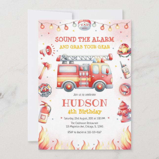 Convites Firetruck Firefighter Kids Birthday Invitation (Frente)