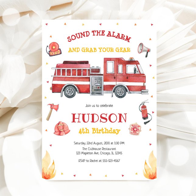 Convites Firetruck Firefighter Kids Birthday Invitation (Criador carregado)