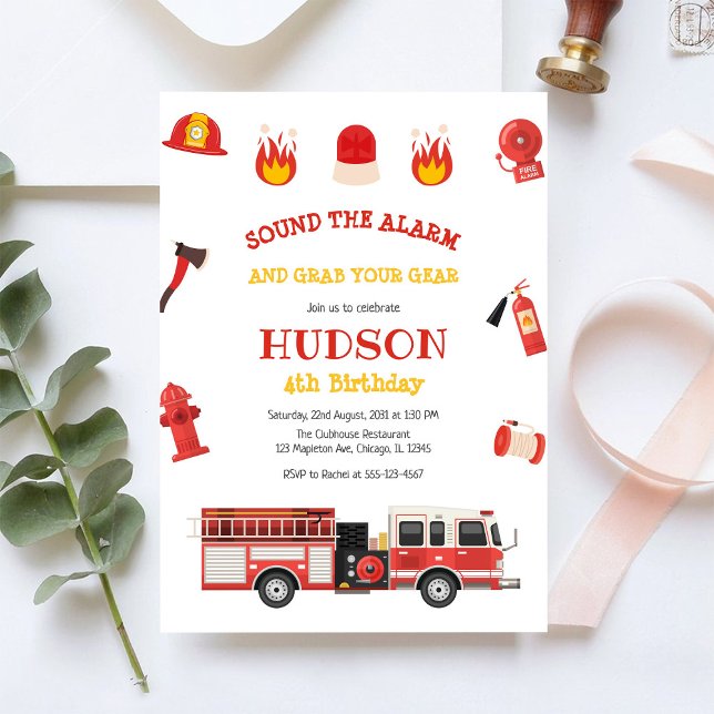 Convites Firetruck Firefighter Kids Birthday Invitation (Criador carregado)