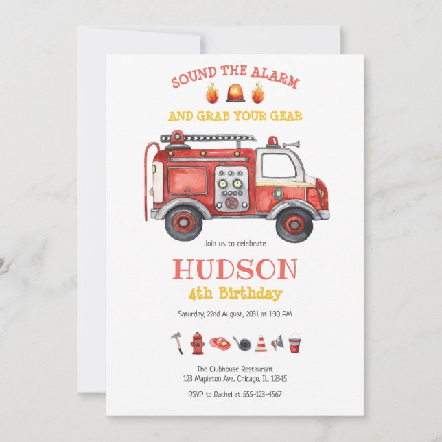 Convites Firetruck Firefighter Kids Birthday Invitation (Frente)