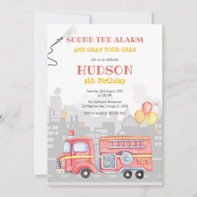 Convites Firetruck Firefighter Kids Birthday Invitation (Frente)