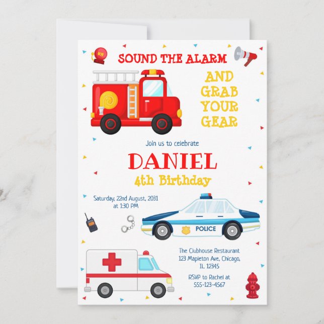 Convites Firetruck Firefighter Kids Birthday Invitation (Frente)