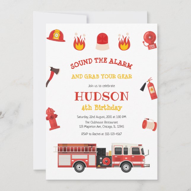 Convites Firetruck Firefighter Kids Birthday Invitation (Frente)