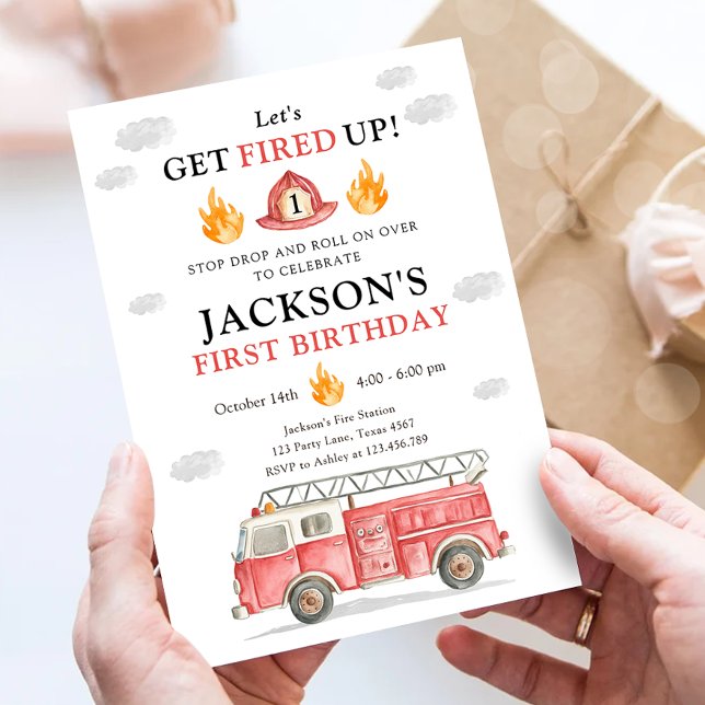 Convites Firetruck Let's Get Fired Up Boy First Birthday (Criador carregado)