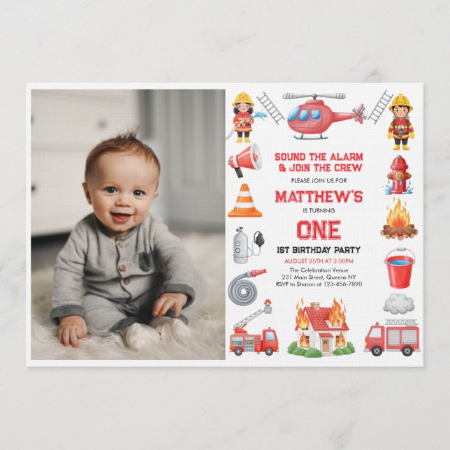 Convites Firetrucks Boy 1st Birthday | Cute Little party In (Frente)