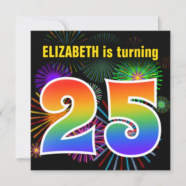 Convites Fireworks divertido + Rainbow Pattern "25" Anivers (Frente)