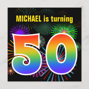 Convites Fireworks divertido + Rainbow Pattern "50" Anivers