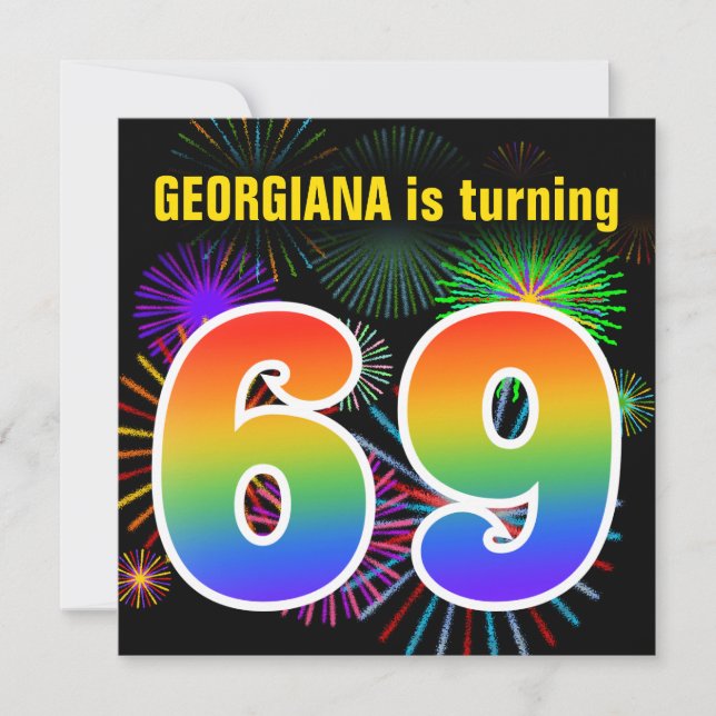 Convites Fireworks divertido + Rainbow Pattern "69" Anivers (Frente)