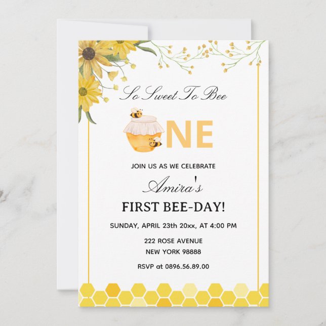 Convites First Bee Day Birthday (Frente)