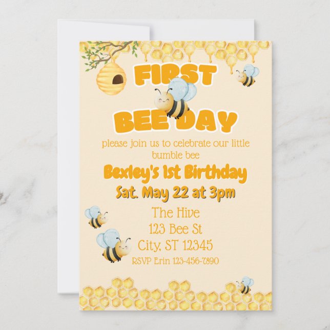 Convites First Bee Day, Bumble Bee 1st Birthday (Frente)