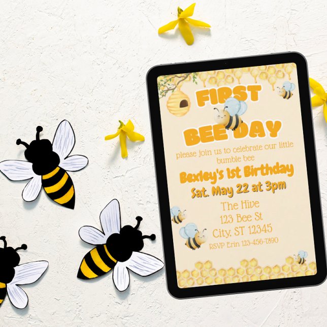 Convites First Bee Day, Bumble Bee 1st Birthday (Criador carregado)