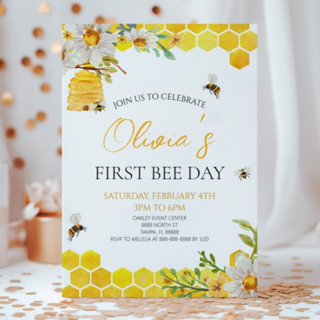 Convites First Bee Day Floral Honey Bee 1st Birthday Party (Criador carregado)