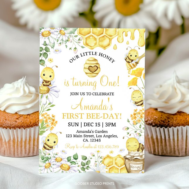 Convites First Bee Day Floral Honey Bee Birthday Party (Criador carregado)