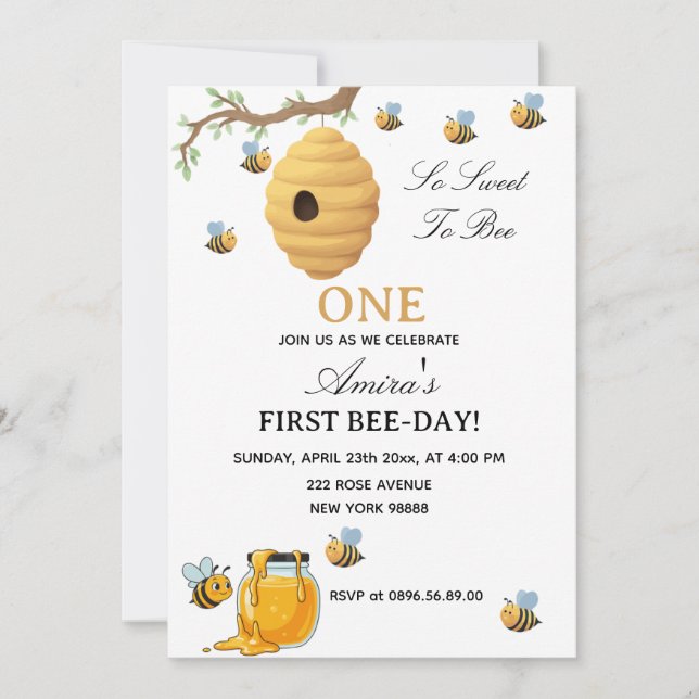 Convites First Bee Day yellow honey 1st Birthday (Frente)