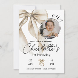 Convites First Birthday Beige Bow Neutral Invitation Photo
