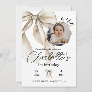 Convites First Birthday Beige Bow Neutral Invitation Photo