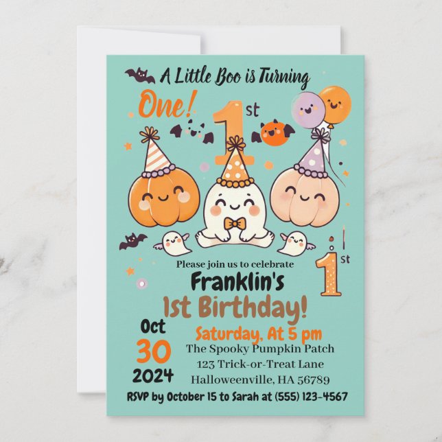 Convites First Birthday Halloween Pumpkin Ghost Party (Frente)