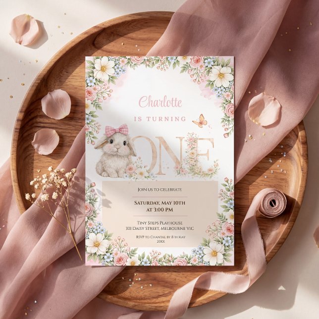 Convites First Birthday Invitation Bunny Floral (Criador carregado)