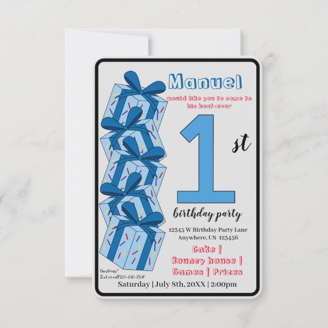 Convites First Birthday Invitation Custom Blue Gift Theme (Frente)