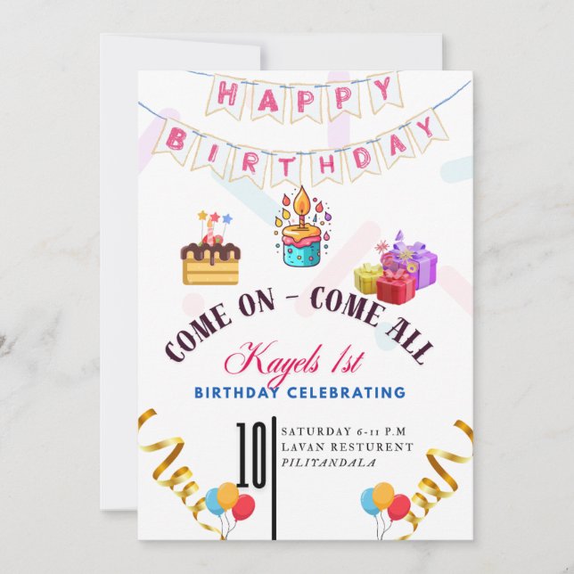 Convites First Birthday Party Invitation, Kids 1st Birthday (Frente)