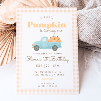 Convites First Birthday Pumpkin Invitation - Blue Truck