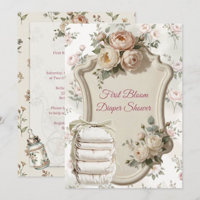 Convites First Bloom Diaper Shower Invitation (Frente/Verso)