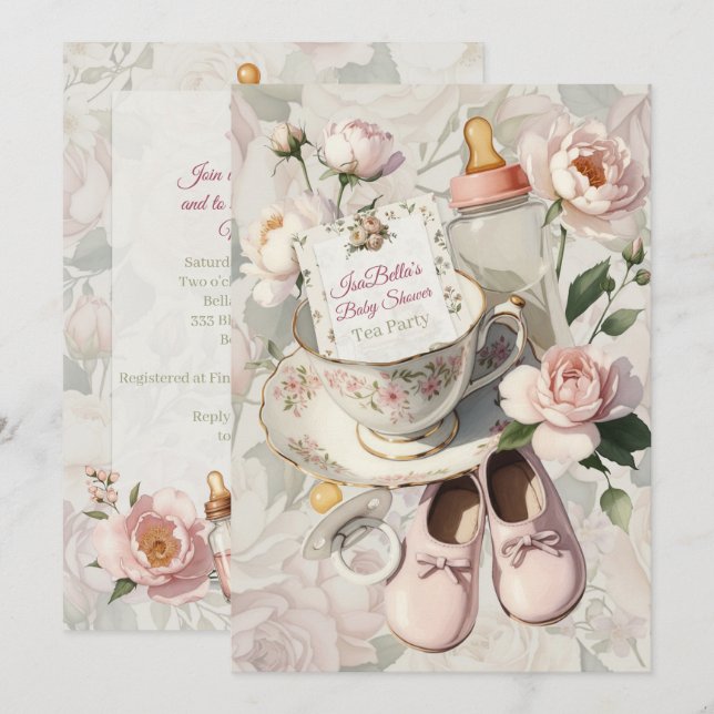 Convites First Bloom Tea Party Baby Shower Invitation (Frente/Verso)
