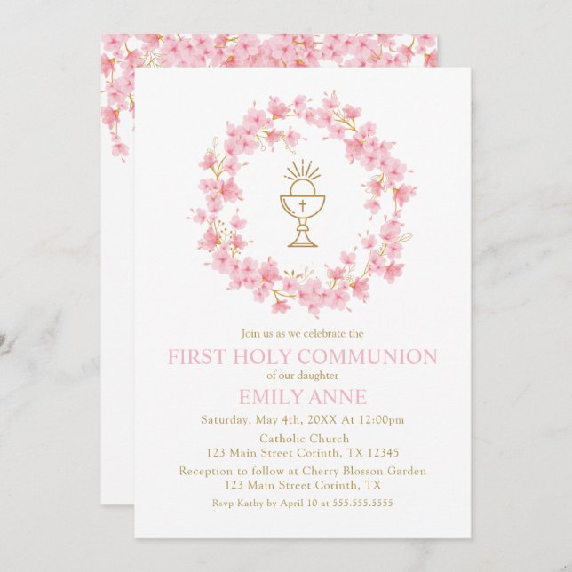 Convites First Communion Cherry Blossom floral Invitation  (Frente/Verso)