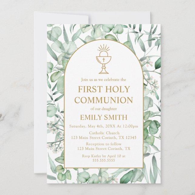 Convites First Communion Eucalyptus leaves Invitation (Frente)