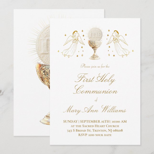 Convites First Communion Eucharist golden angels Invitation (Frente/Verso)