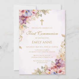 Convites First Communion Floral Orchids Invitation