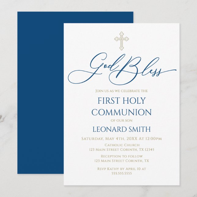 Convites First Communion God Bless Blue Invitation (Frente/Verso)