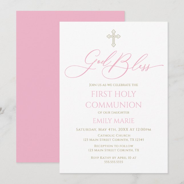 Convites First Communion God Bless pink Invitation (Frente/Verso)