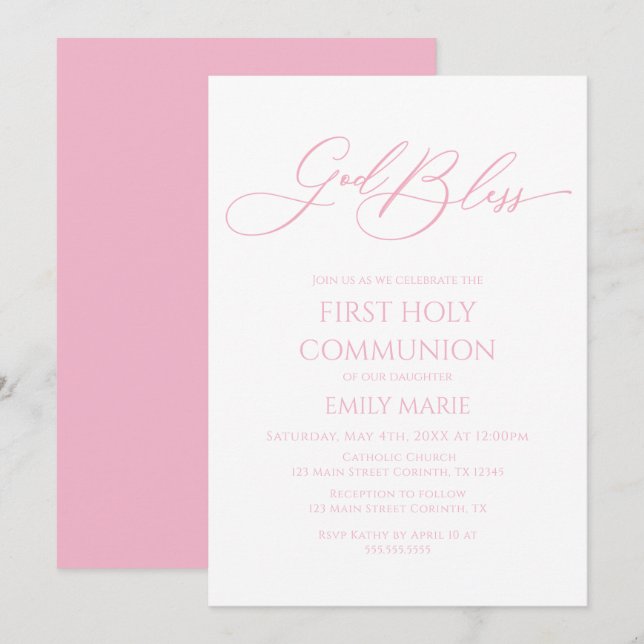 Convites First Communion God Bless pink Invitation (Frente/Verso)