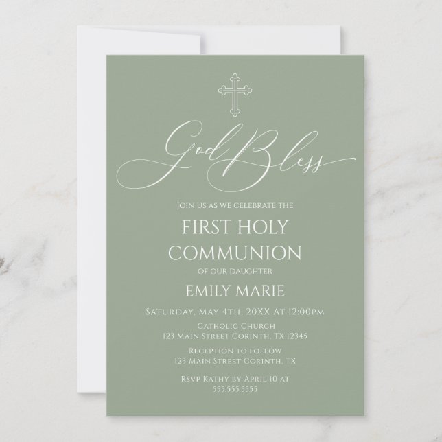Convites First Communion God Bless Sage Invitation (Frente)
