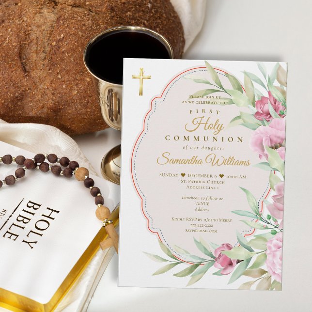 Convites First Communion Pink Floral Watercolor Gold Cross (Girl First Communion Elegant Pink Floral Watercolor Gold Cross Invitation)