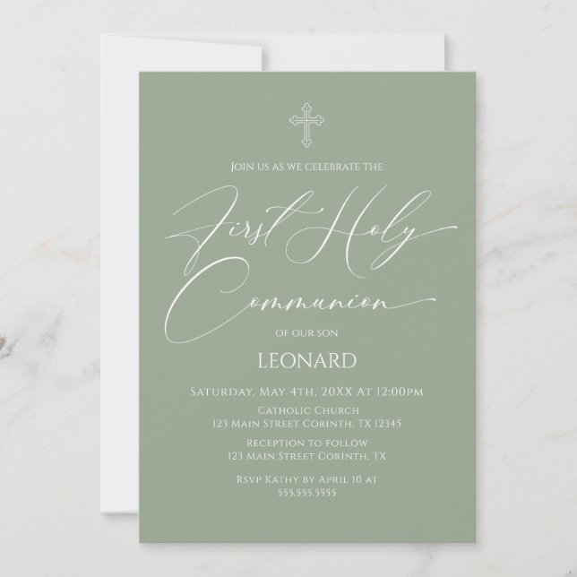 Convites First Communion Sage Invitation (Frente)