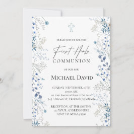 Convites First Communion small blue watercolor flowers
