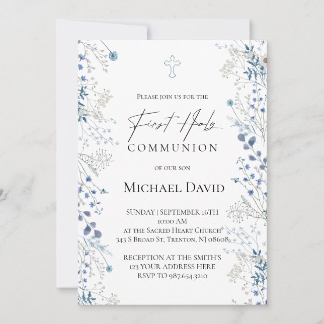 Convites First Communion small blue watercolor flowers (Frente)