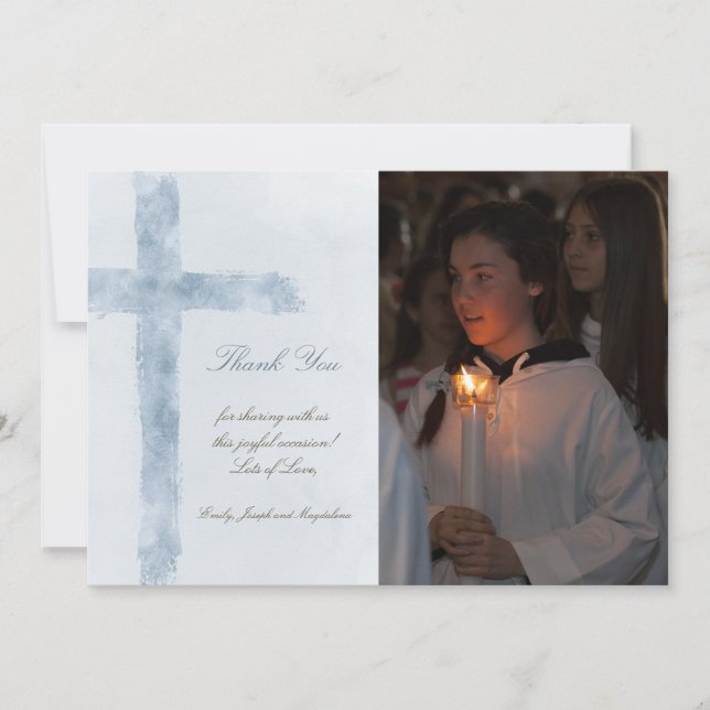 Convites  First Communion watercolor blue cross thank you (Frente)