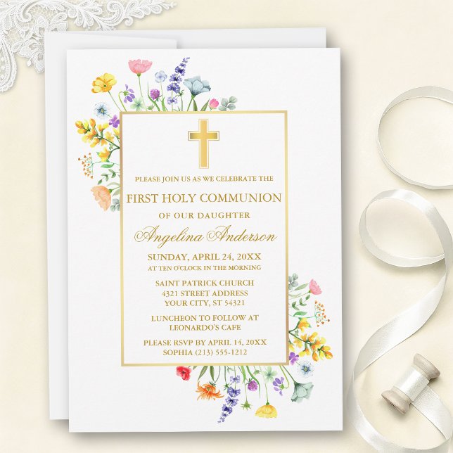 Convites First Communion Watercolor Wildflowers Gold  (Customize to change text size, text style or color.)