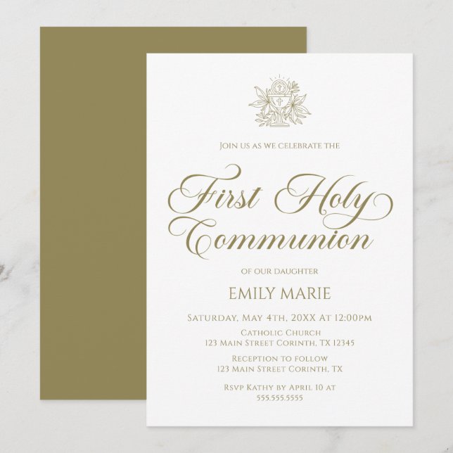 Convites First Communion white and gold Invitation (Frente/Verso)
