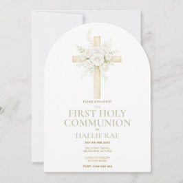 Convites First Holy Communion Arched Invite, Floral Cross 