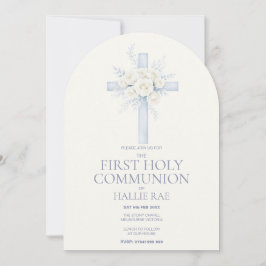 Convites First Holy Communion, Blue Floral Cross Arched