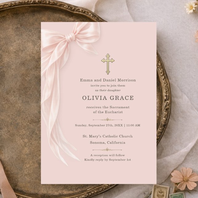 Convites First Holy Communion Blush Pink Bow Girl  (Criador carregado)
