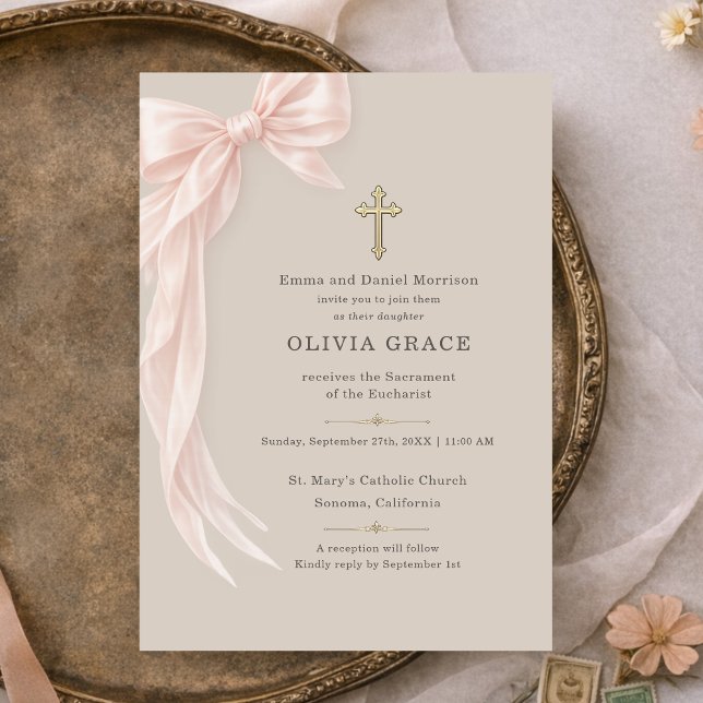 Convites First Holy Communion Bow Girl Taupe (Criador carregado)