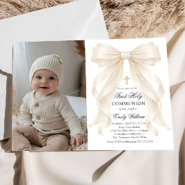 Convites First Holy Communion Bow Pearls Photo Invitation