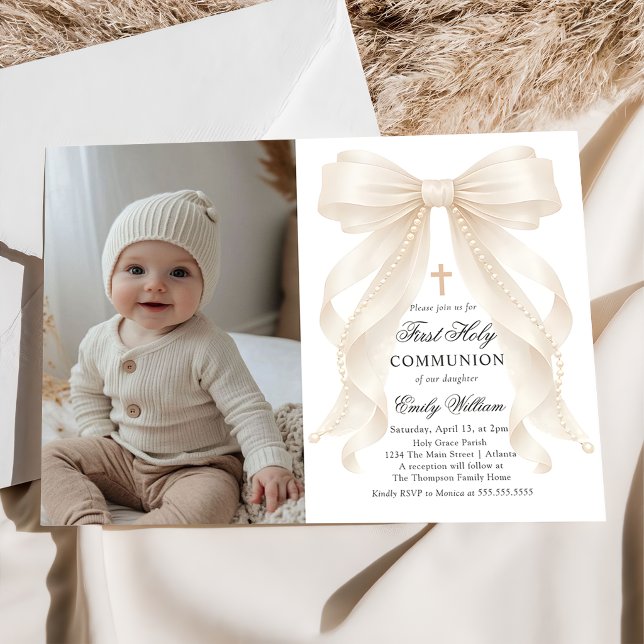 Convites First Holy Communion Bow Pearls Photo Invitation (Criador carregado)