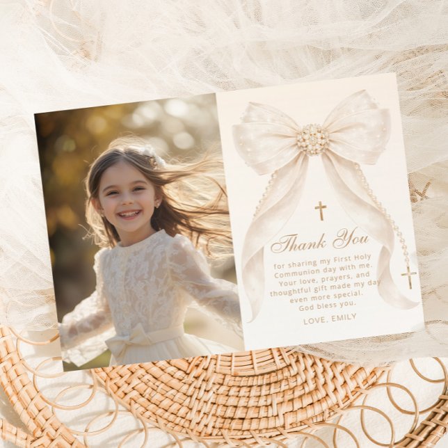 Convites First Holy Communion Bow Photo Thank you Card (Criador carregado)
